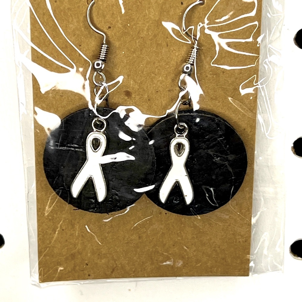 Black Round Cork leather earrings white ribbon charm.  Cancer fighter survivor.